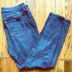 J Crew dark wash skinny jeans.